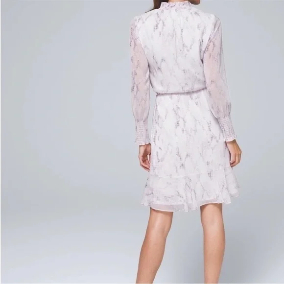 WHBM Lavender & White Snake Print Long Sleeve Blouson Dress Ruffle Neckline Sz 6 - Picture 3 of 12